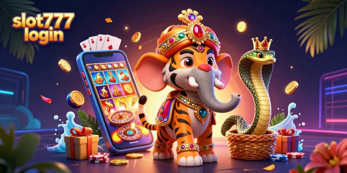 Engage with slot777 login as the cartoon maharaja tiger rides an elephant amidst dazzling casino elements.