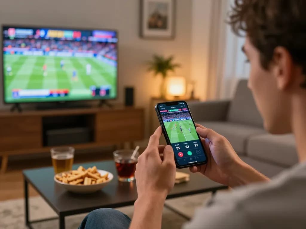 Player engaging in online sports betting on 9bet with smartphone during live sports event.