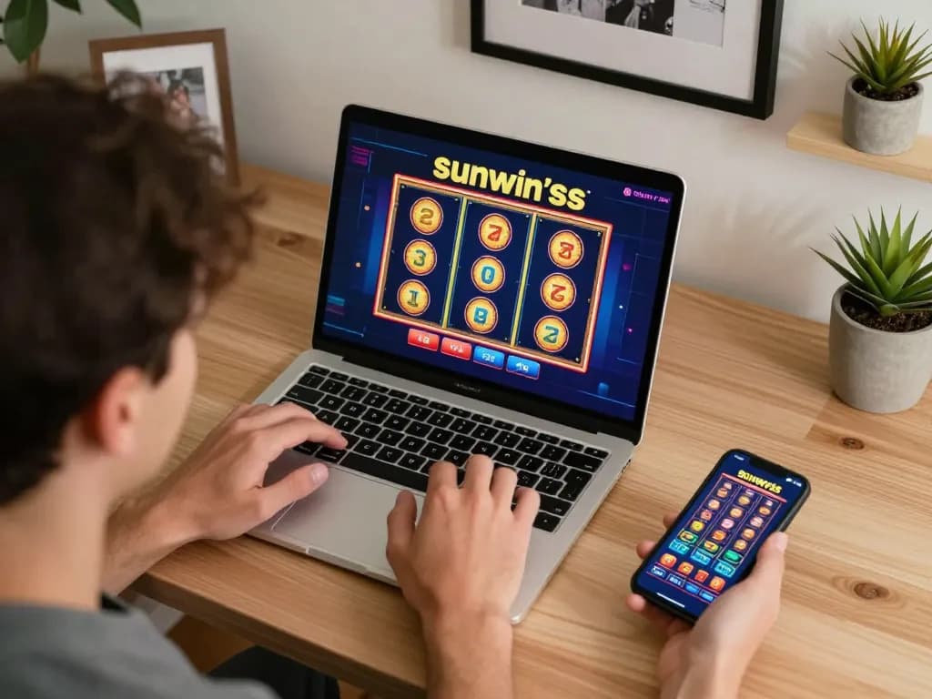 Sunwin user engaging with an exciting online slot game on a laptop in a cozy home office environment