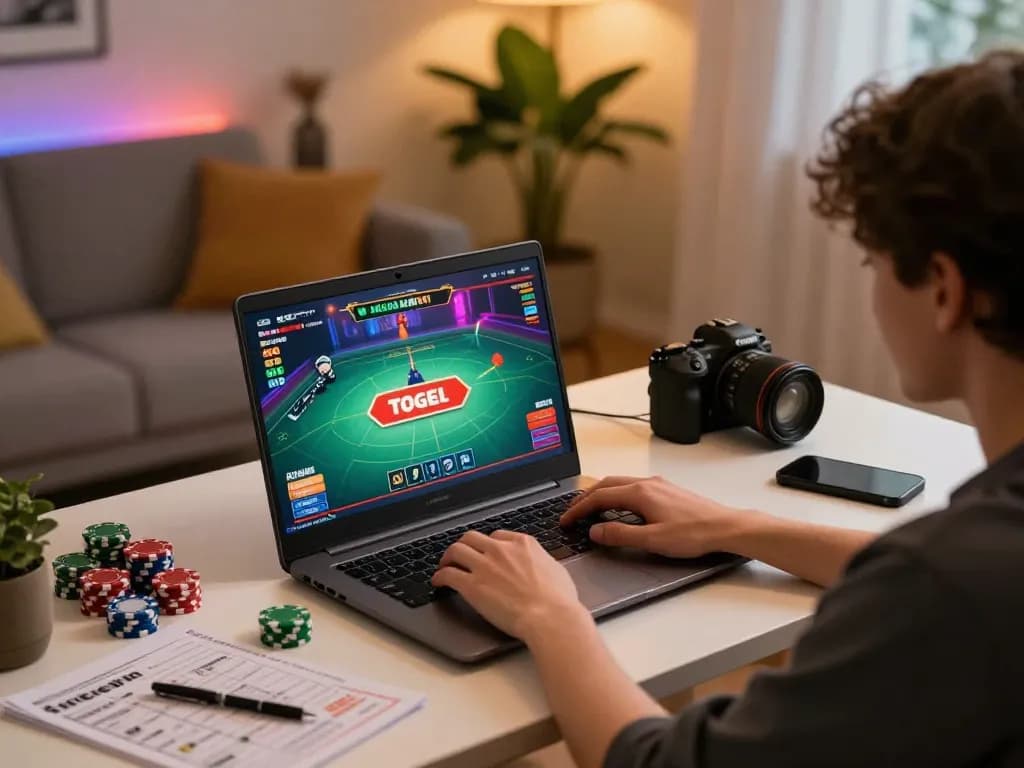 Engaging in togel online with a live dealer on a laptop while surrounded by gaming accessories and strategy notes.