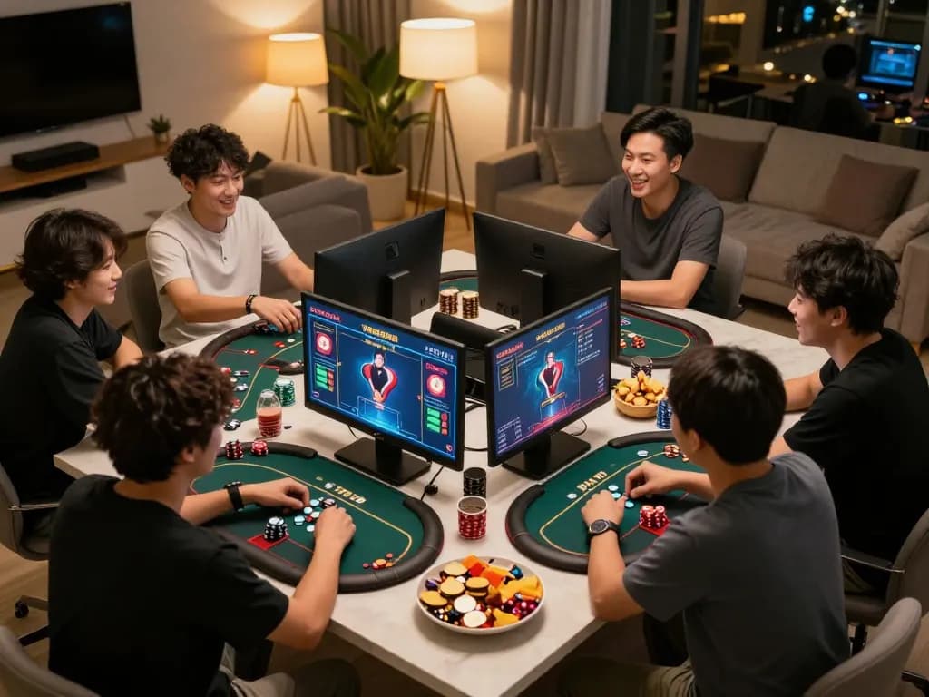 Players engaging in a poker tournament on 789club with vibrant snacks and lively atmosphere