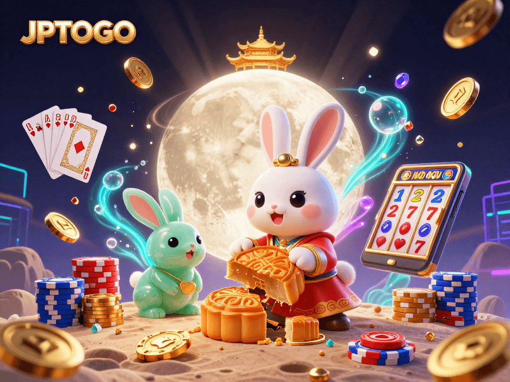 Experience excitement with JPTOTO as the moon rabbit opens jackpot treasures among dazzling casino visuals.