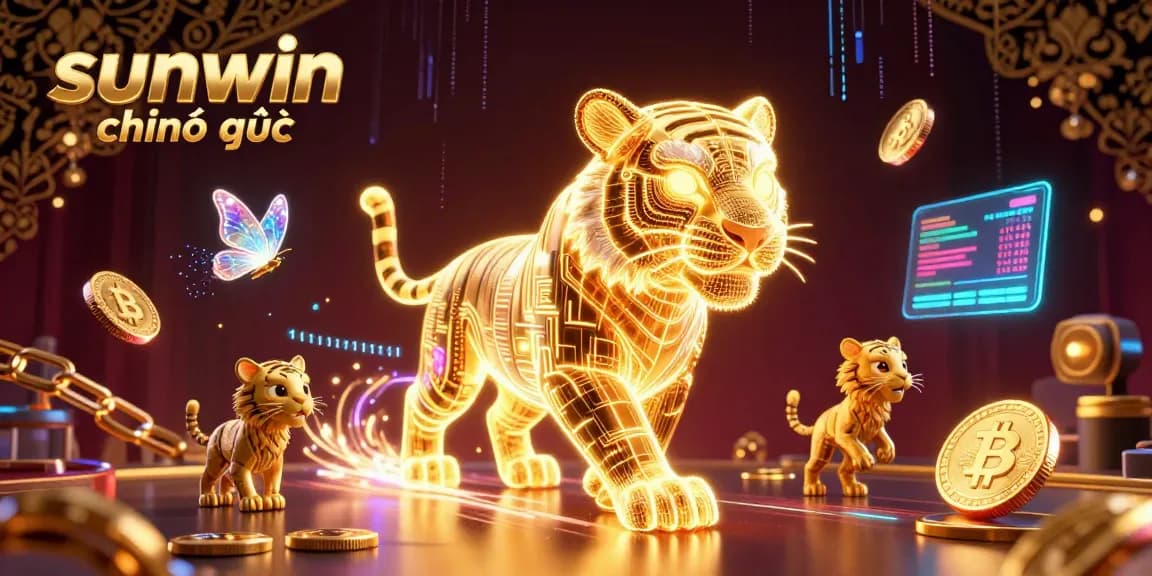 Experience the thrilling world of sunwin chính thức in this dynamic 3D casino scene featuring a neon-wireframe tiger and holographic elements.