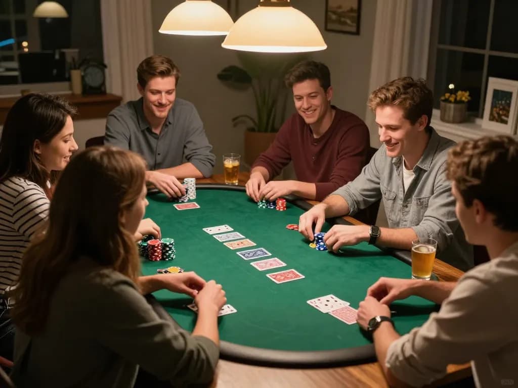 Friends enjoy a friendly poker game at home, showcasing situs idn poker's appeal in a relaxed environment.
