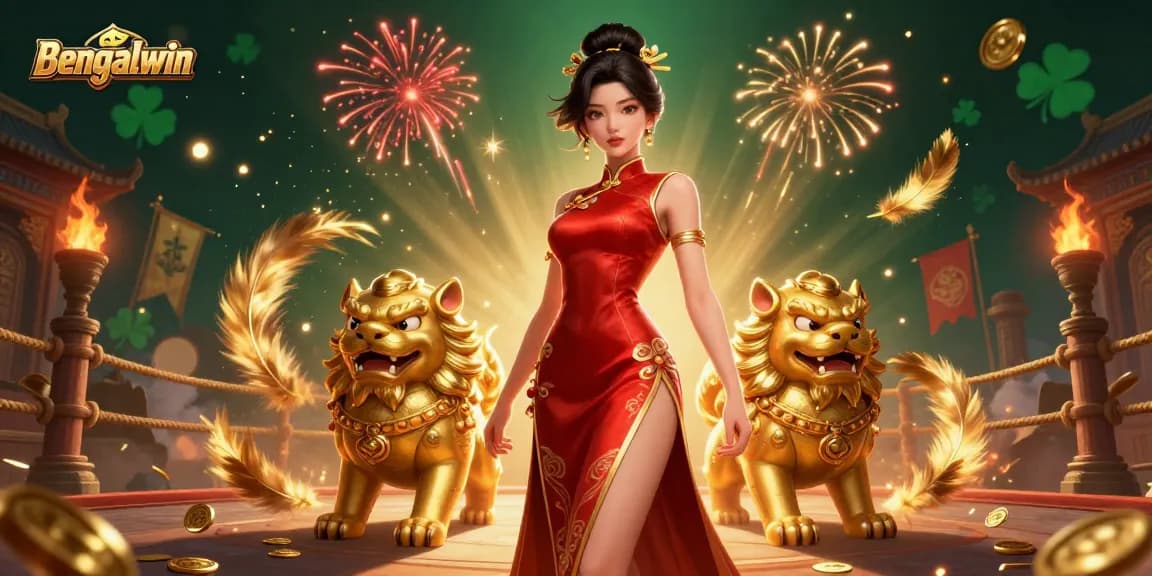 Bengalwin showcases a glamorous Asian woman amidst golden foo dog guardians, embodying a thrilling casino atmosphere.