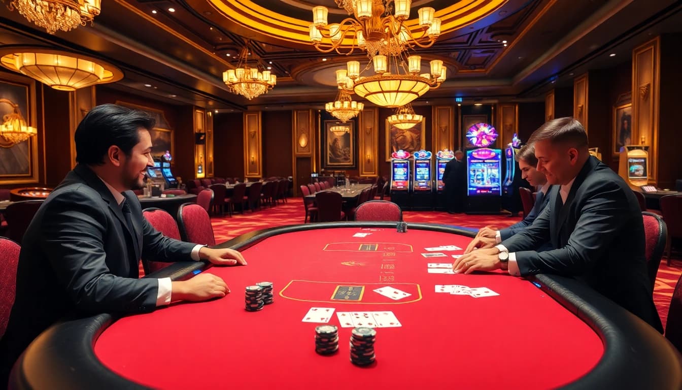 Exciting gambling scene at 999BET featuring players at a poker table with chips and cards.
