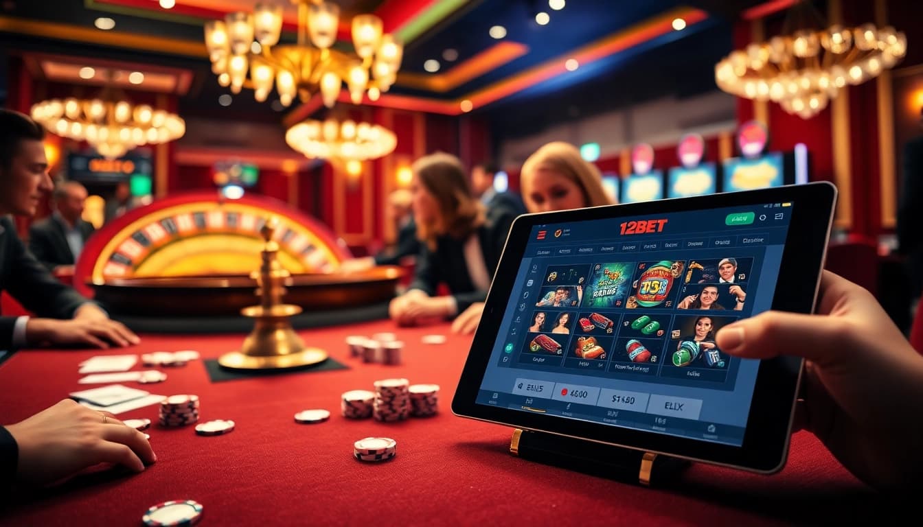Experience the thrilling atmosphere of 12BET with engaged players at a luxurious casino table.