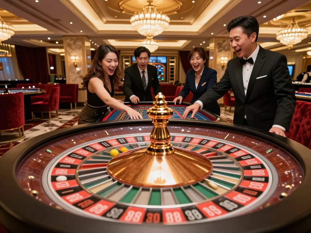 RR88 players observing an exciting roulette spin in a luxurious casino setting.