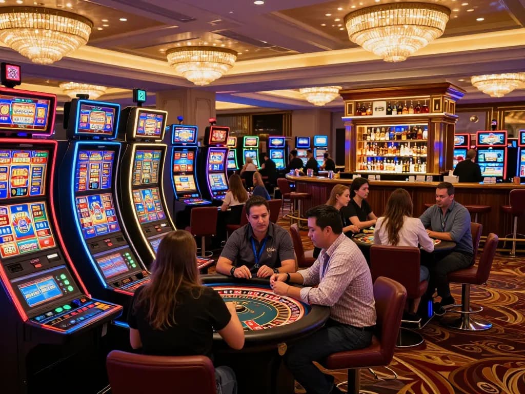 Players enjoying vibrant slot machines at kuwinfi casino, showcasing lively gaming atmosphere and excitement.
