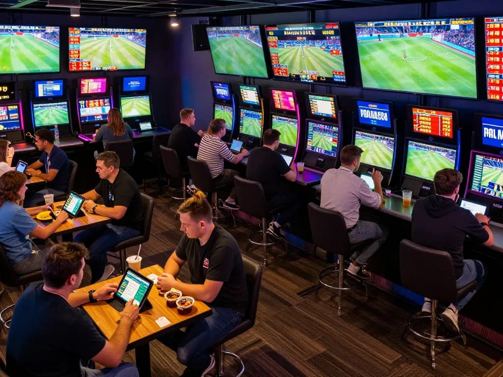 Engaged bettors using nowgoal app on tablets to analyze live sports odds in a modern lounge