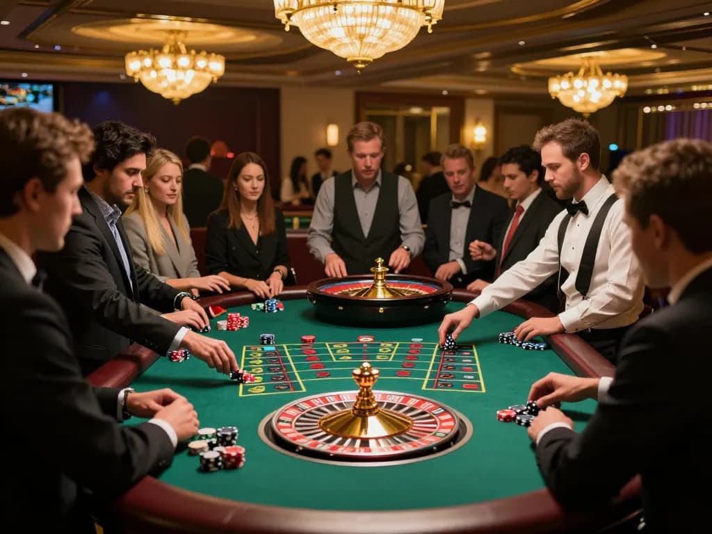 FAFA 828 players engaging in a thrilling roulette game at an upscale casino table.