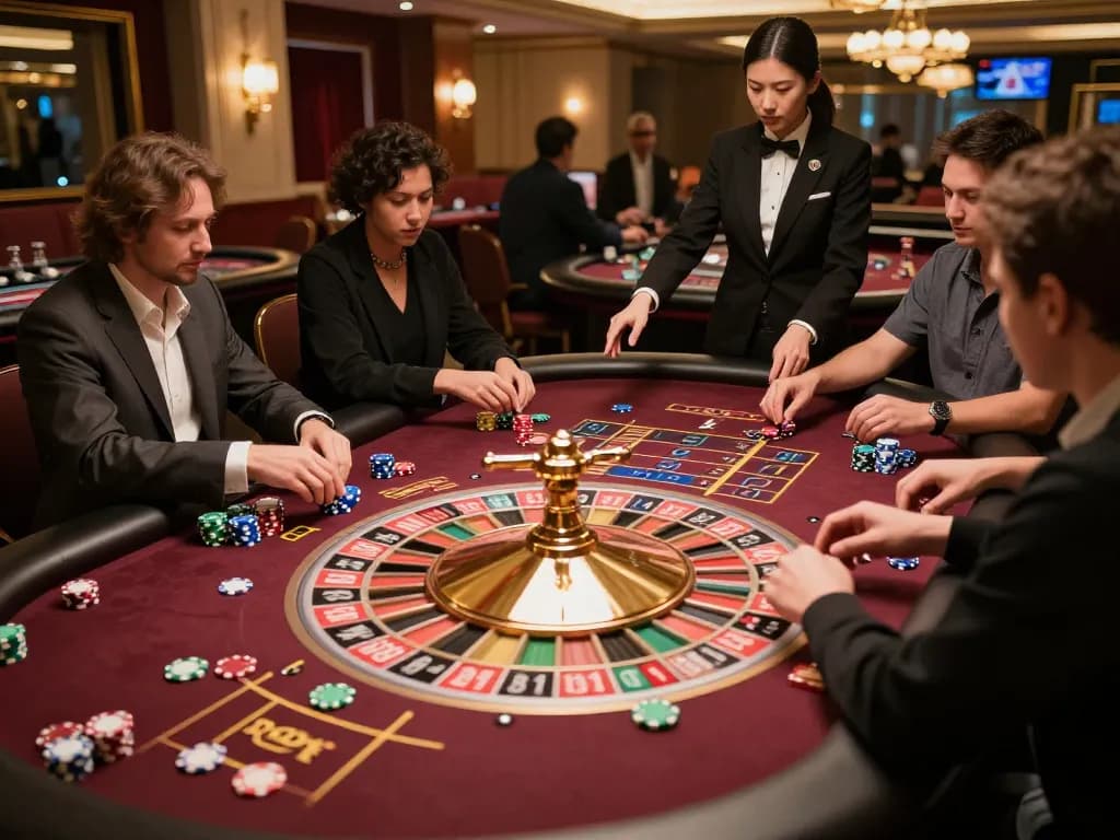 Players placing bets on 99ok roulette table, showcasing vibrant chips and dynamic gameplay.