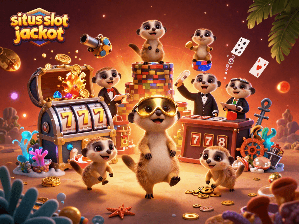 Engage with the situs slot jackpot experience through dynamic meerkat characters managing a vibrant casino setup.