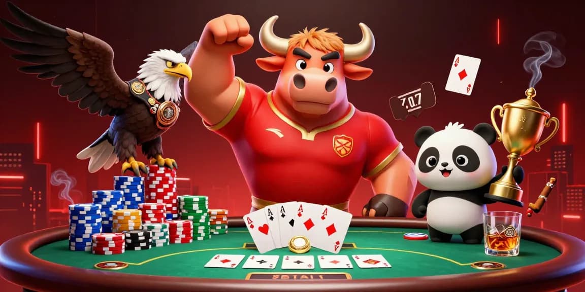 Engage with royal casino’s thrilling gameplay featuring a muscular bull mascot celebrating with poker elements.