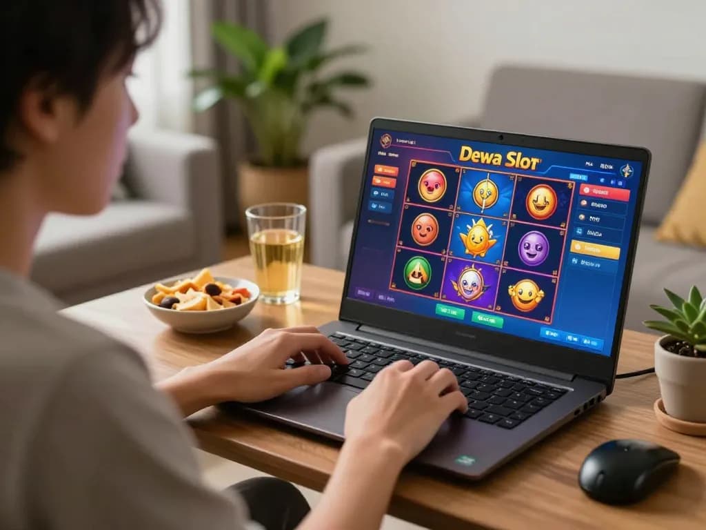 Engaging in Dewa Slot online gameplay with colorful graphics on screen, showcasing strategic betting moments.