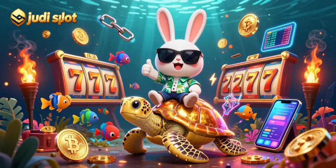 Enjoy the vibrant judi slot experience with a lucky rabbit, golden turtle, and lively slot elements.