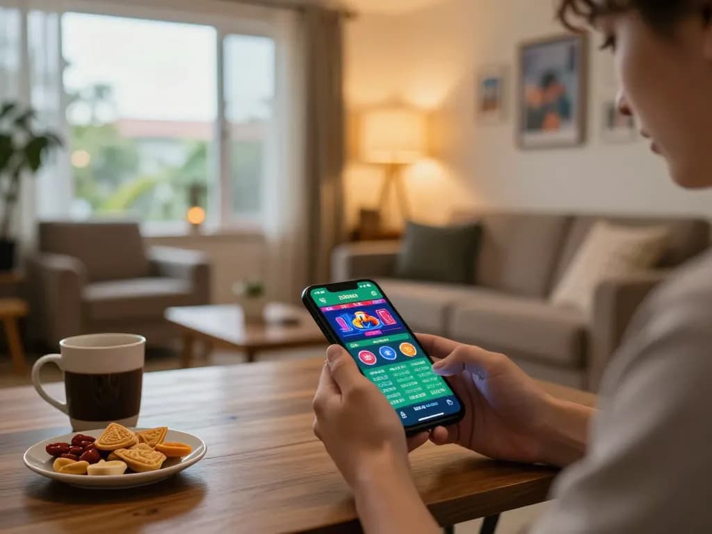 Engaging with the 258bet app on smartphone while enjoying a cozy home gaming setup.