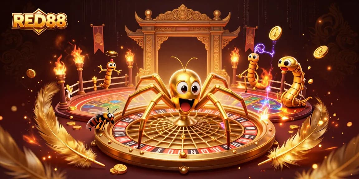 Place bets in the exciting RED88 casino atmosphere with a golden spider spinning a roulette web.