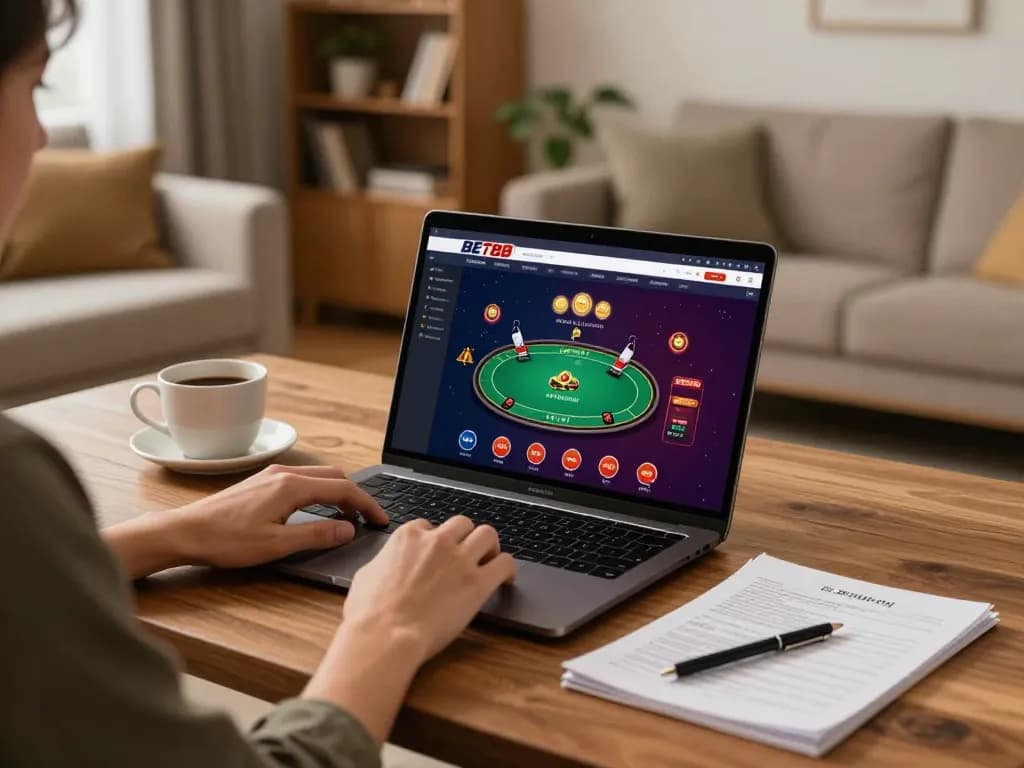 Engaging in poker on BET88's online platform from a cozy home setup with strategic notes.