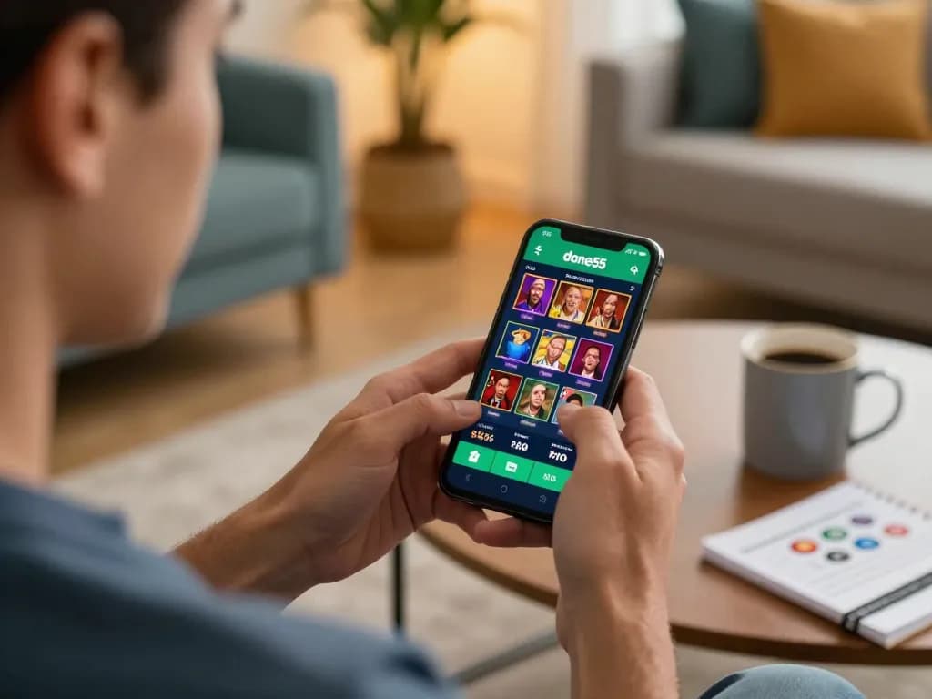 Engaging moment of player using done55 app for real money gaming in a welcoming home atmosphere.