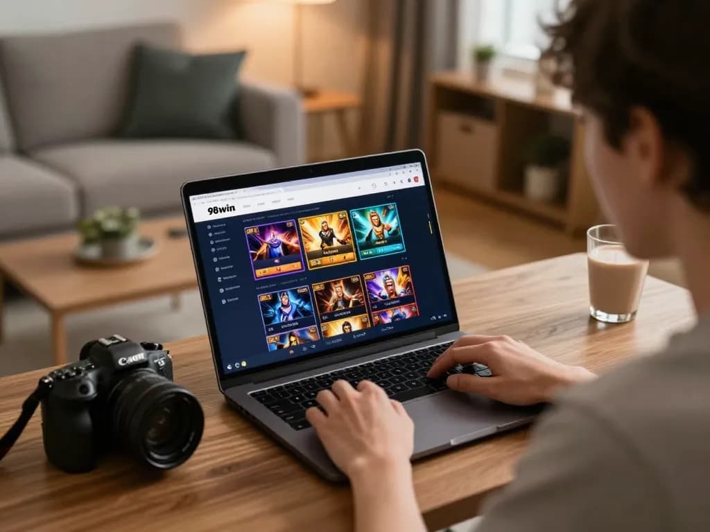 Player immersed in 98win's online gambling experience, showcasing a lively home gaming setup