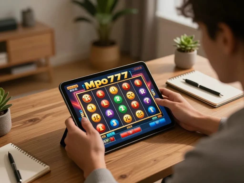 Engaging gameplay on slot mpo777 as vibrant reels spin on a tablet in a stylish home setting