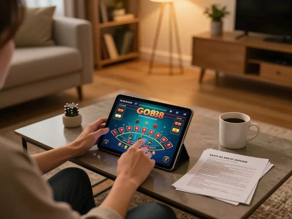 Engaging player enjoying the GO88 online casino experience on a tablet, showcasing a cozy home gaming setup.