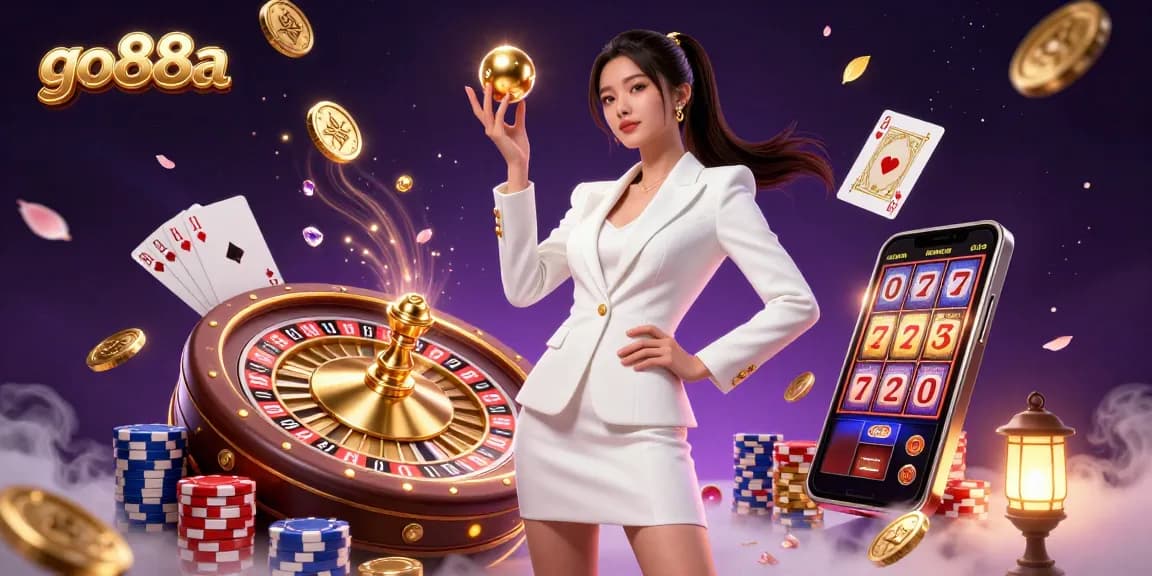 Experience the excitement with go88a as a woman interacts with golden roulette and casino elements.