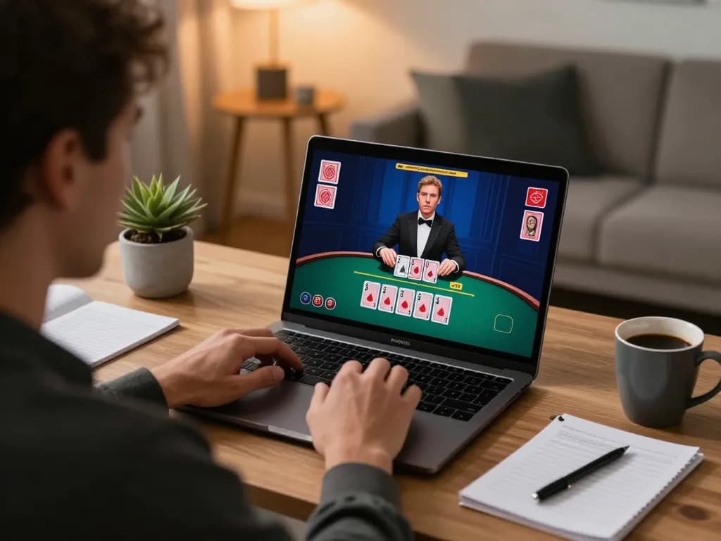 Winstrike69 player strategizing in a live online blackjack game at home using laptop