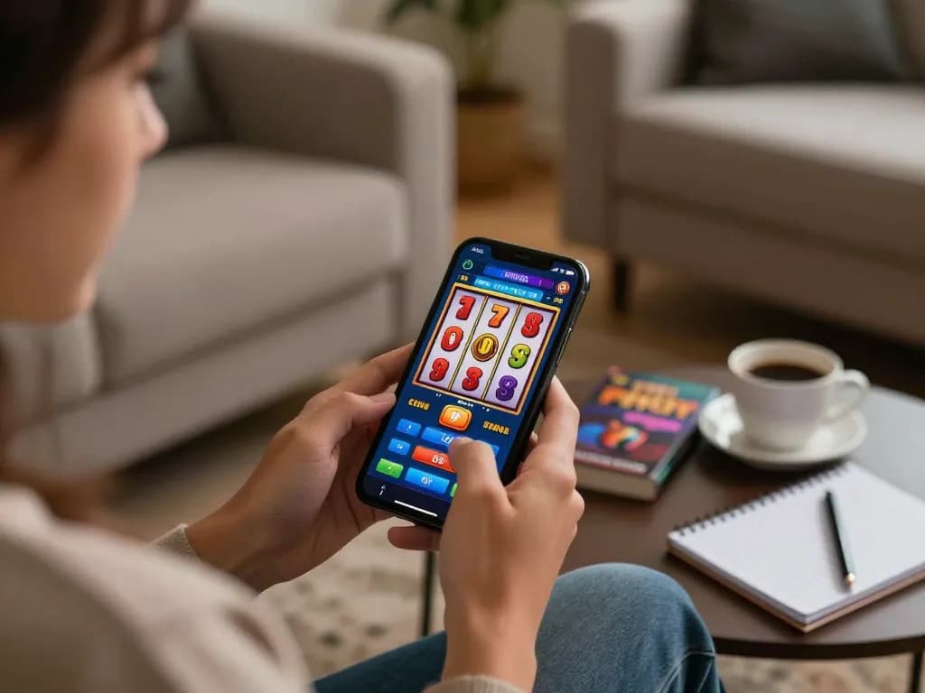Engaging home scene showcasing a player using a smartphone for dinamit4d slot gaming, capturing a cozy gaming atmosphere.
