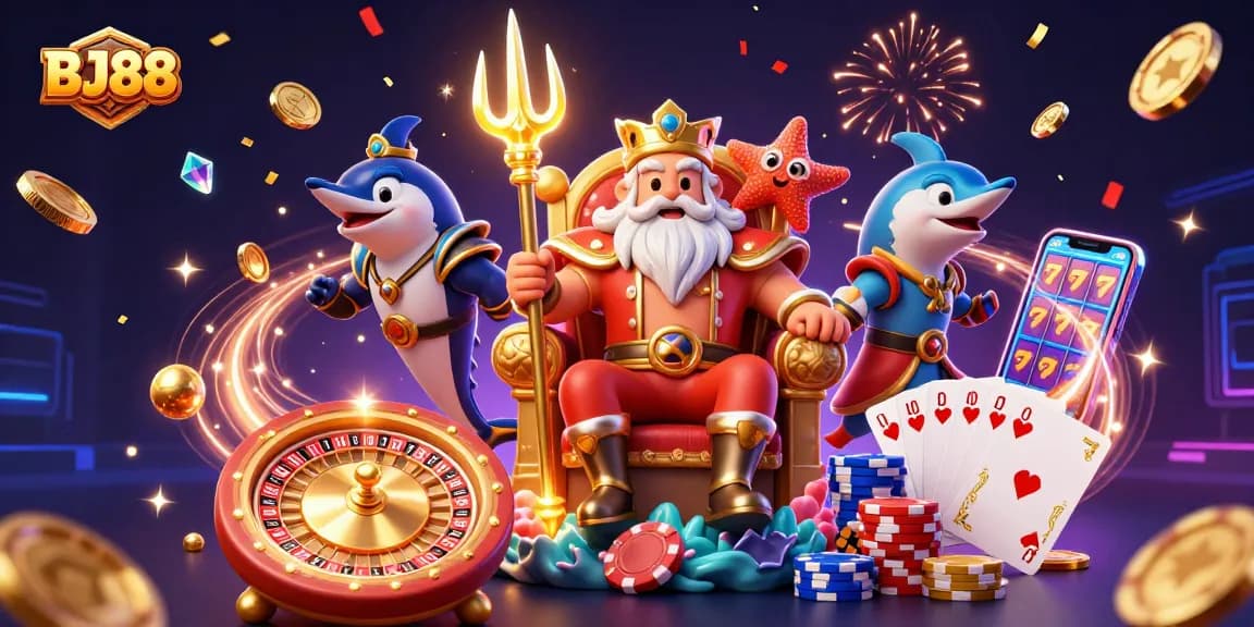 Experience thrilling gameplay at BJ88 with golden coins and vibrant casino elements surrounding Neptune.