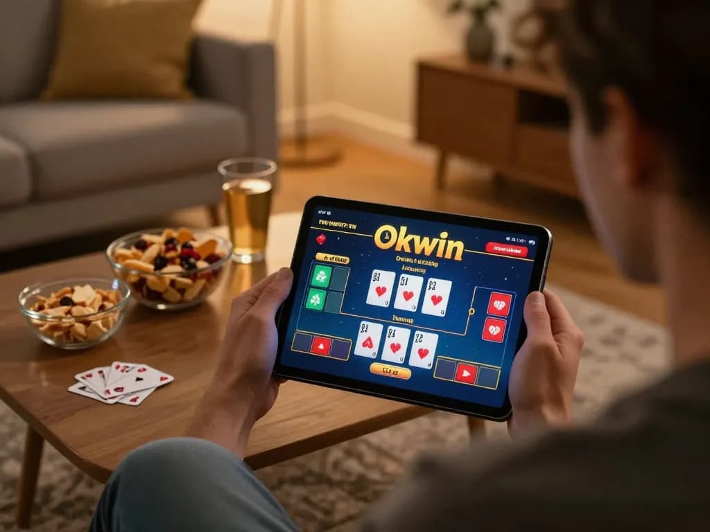 Engaging with Okwin tv through a tablet in a cozy home setting, highlighting online casino gaming.