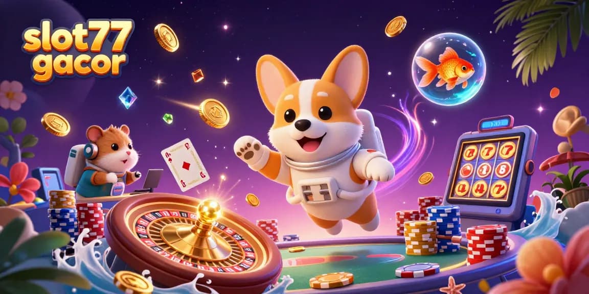 Experience the excitement of slot77 gacor with an astronaut corgi in a vibrant space casino.