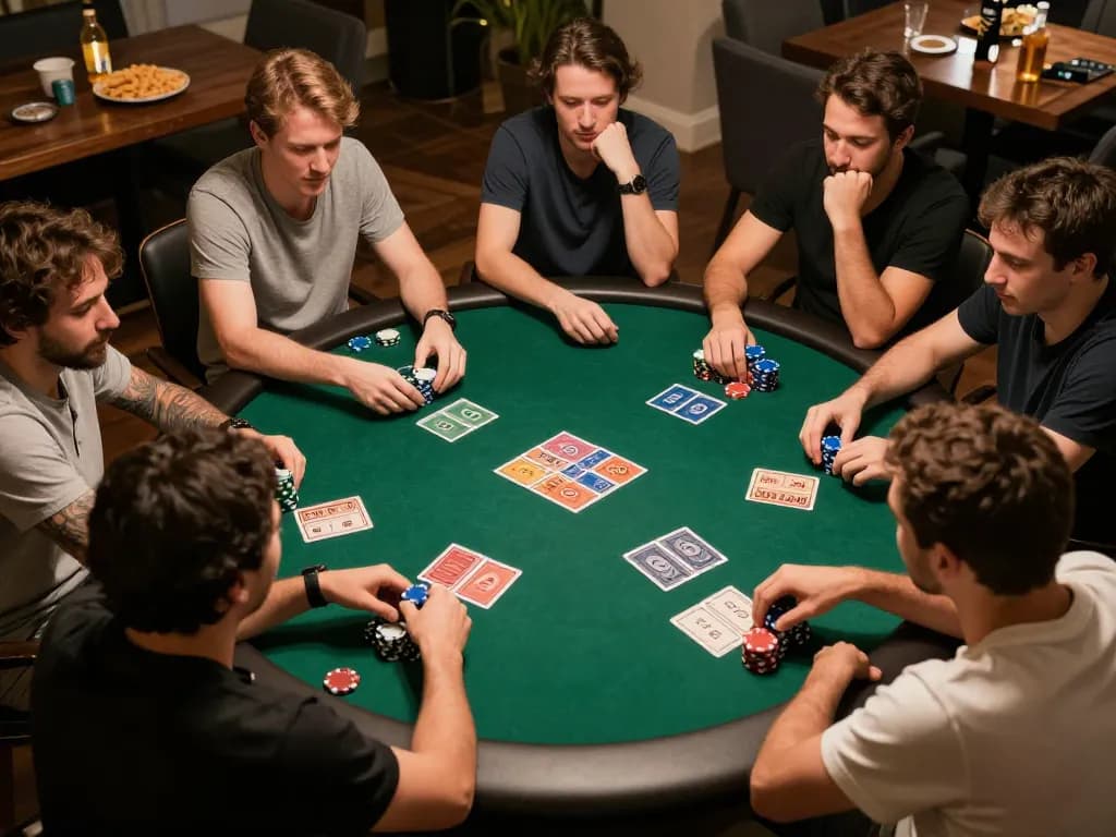 MPO08 players strategizing during a lively home poker night, showcasing excitement and camaraderie.