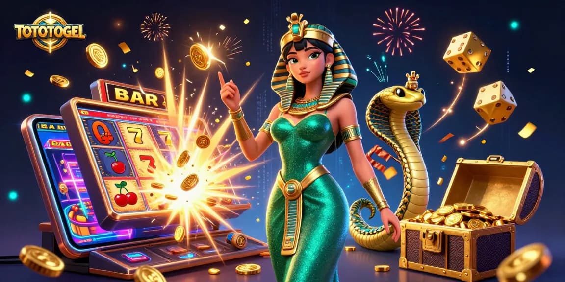 Spin the TOTOTOGEL slots as a glamorous woman showcases treasures and luck.