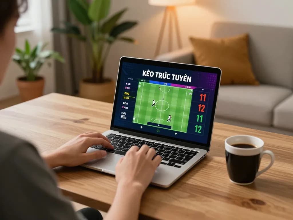 KÈO TRỰC TUYẾN with live betting odds on a laptop in a cozy home gaming setup.