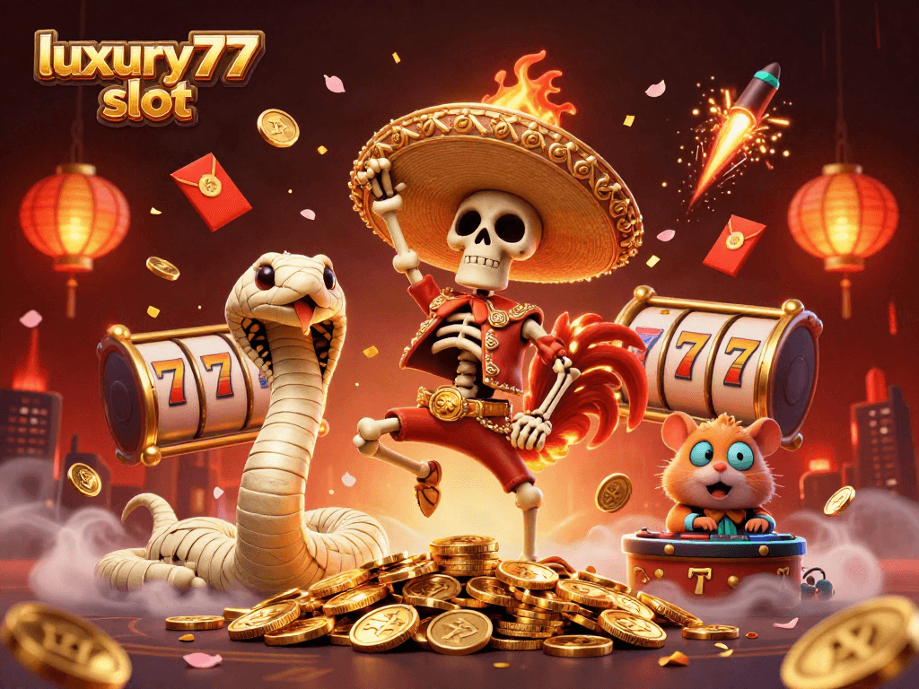 Slot luxury777 slot menghadirkan keceriaan dengan kerangka mariachi merayakan kemenangan di atas tumpukan koin emas.