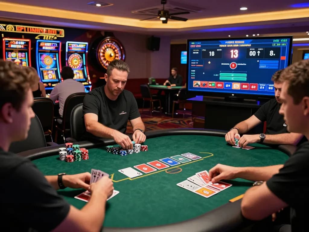 Players interacting intensely at X88.design's online poker table, showcasing strategic gameplay.