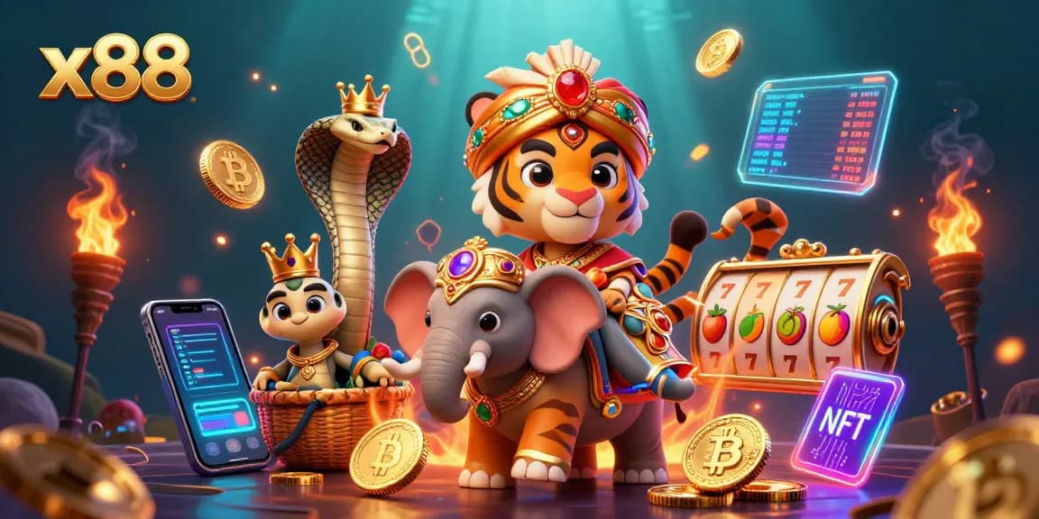 x88 players revel in their luck aboard a jewel-encrusted elephant amidst Bitcoin and Ethereum coins