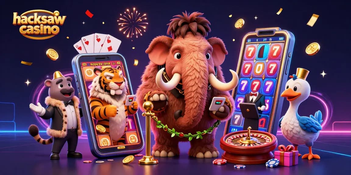 Experience the thrills of hacksaw casino with a vibrant scene featuring cartoon characters celebrating gaming action.