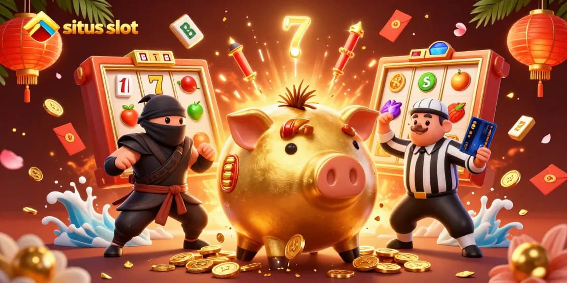 Engage in exciting situs slot gameplay with a dynamic 3D scene featuring golden piggy bank and casino elements.