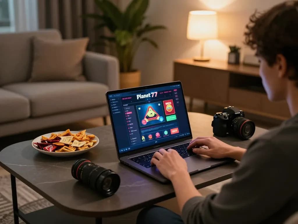 Orang yang terlibat bermain kasino online Planet 77 di laptop dalam suasana ruang tamu yang nyaman