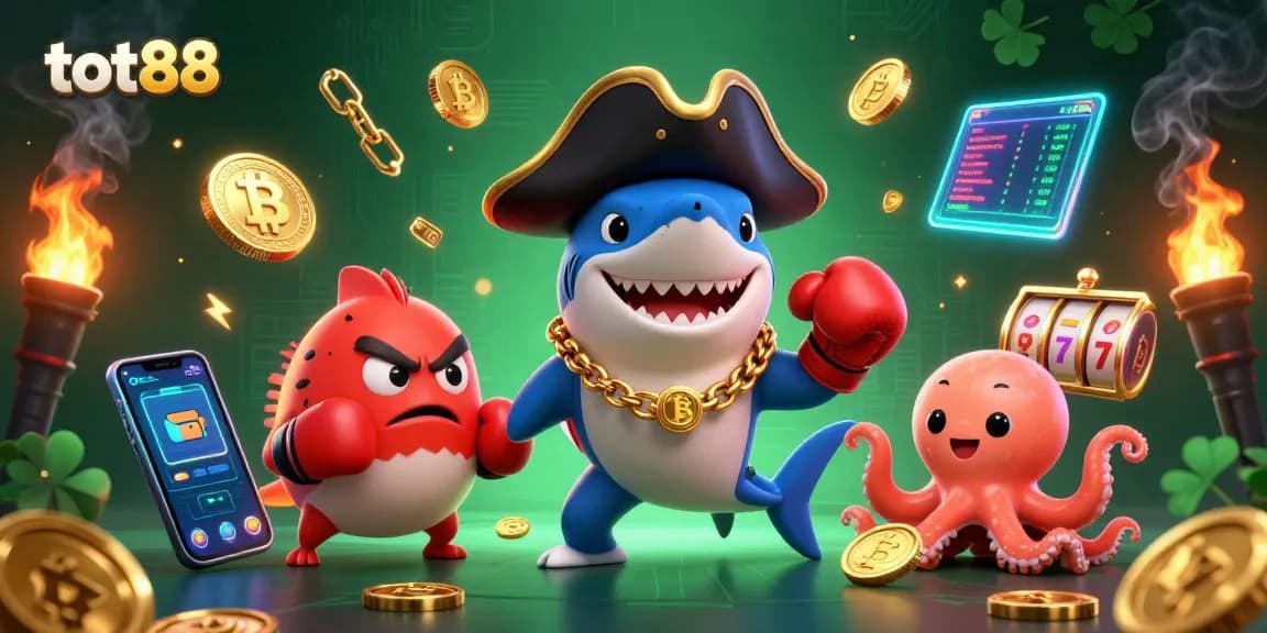 The tot88 casino scene features a pirate shark, pufferfish, and octopus with gold coins, showcasing slot game excitement.