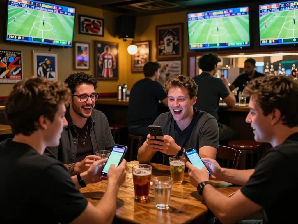 Sports enthusiasts engaging in exciting kèo nhà cái betting at a lively bar.