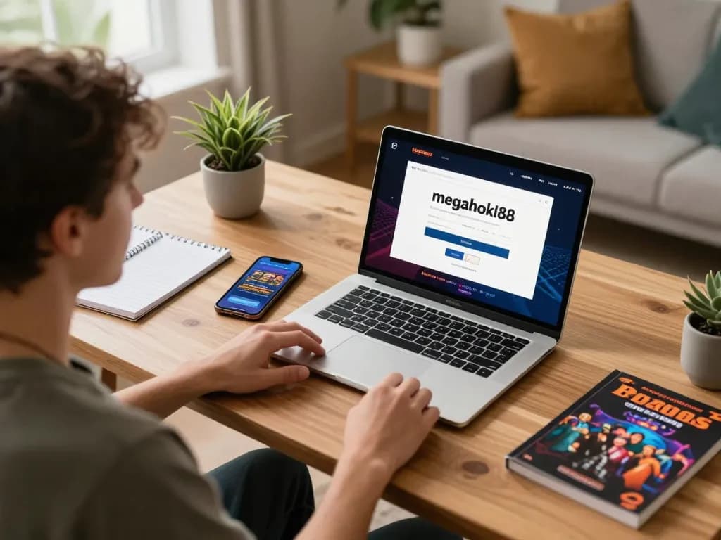 Experience seamless gaming with megahoki88 login on a stylish home office setup, showcasing a laptop ready for online play.
