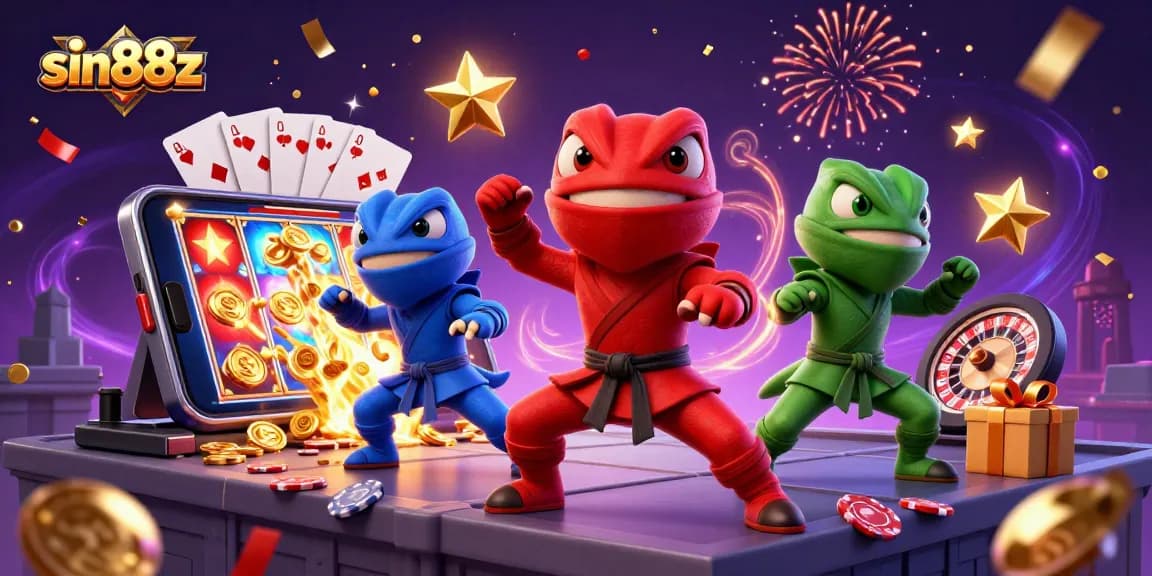 Engage with sin88z as ninja chameleons celebrate gaming triumphs amidst dynamic casino elements.