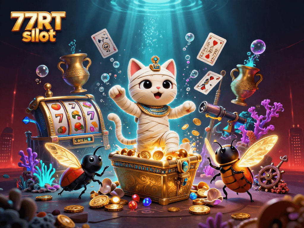 Join the adventure with the 77RT slot in this immersive 3D casino scene filled with golden treasures and Egyptian mystique.