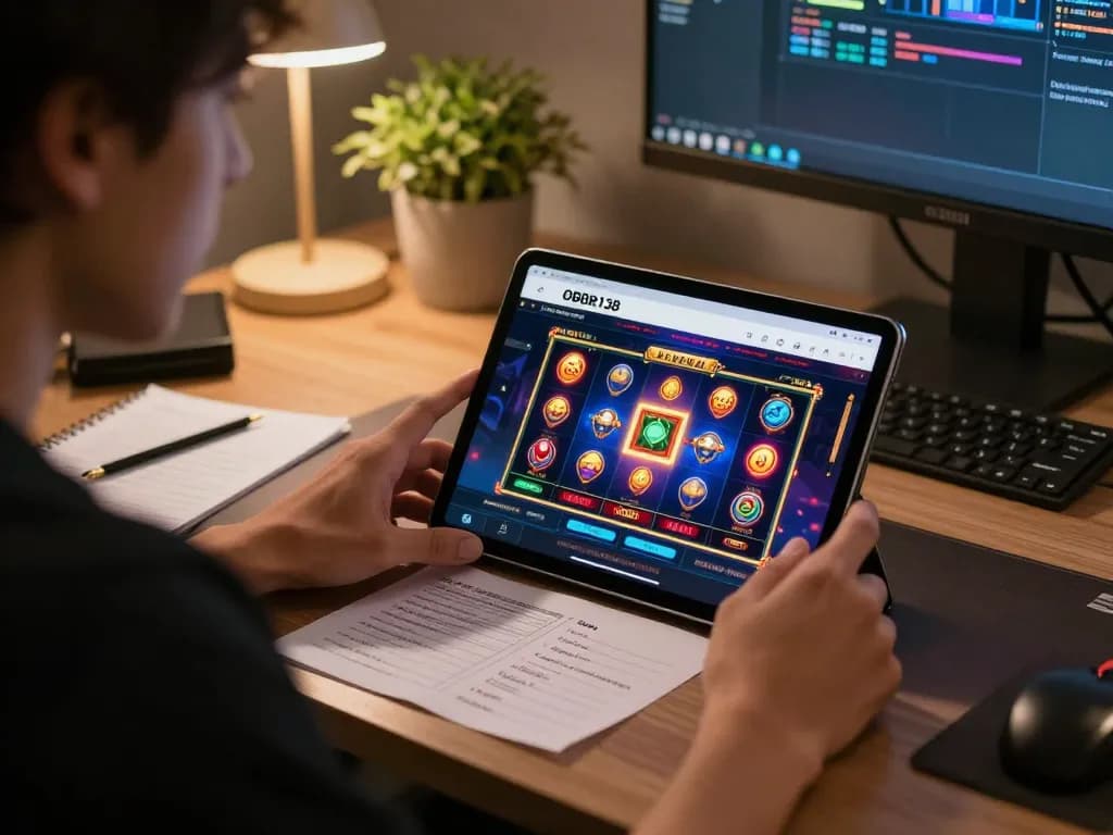 Engaging online gaming experience on OBOR138, a situs gacor for slot play, with vibrant graphics on tablet.