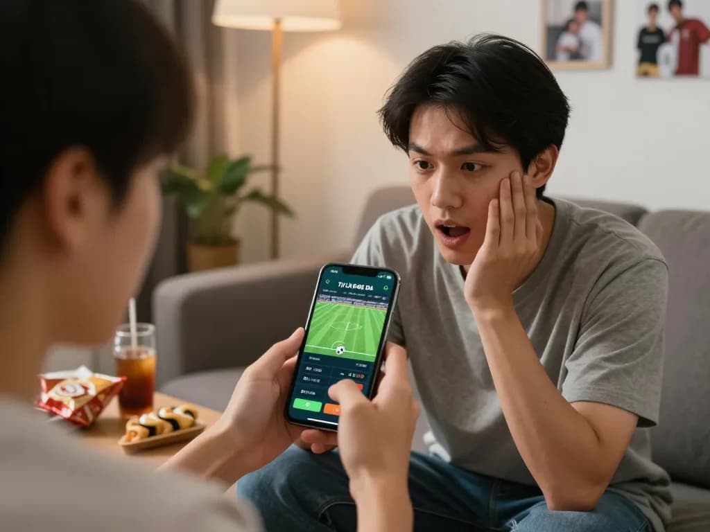 Tỷ Lệ Bóng Đá betting app on smartphone in a casual living room setting, showcasing an engaged user.
