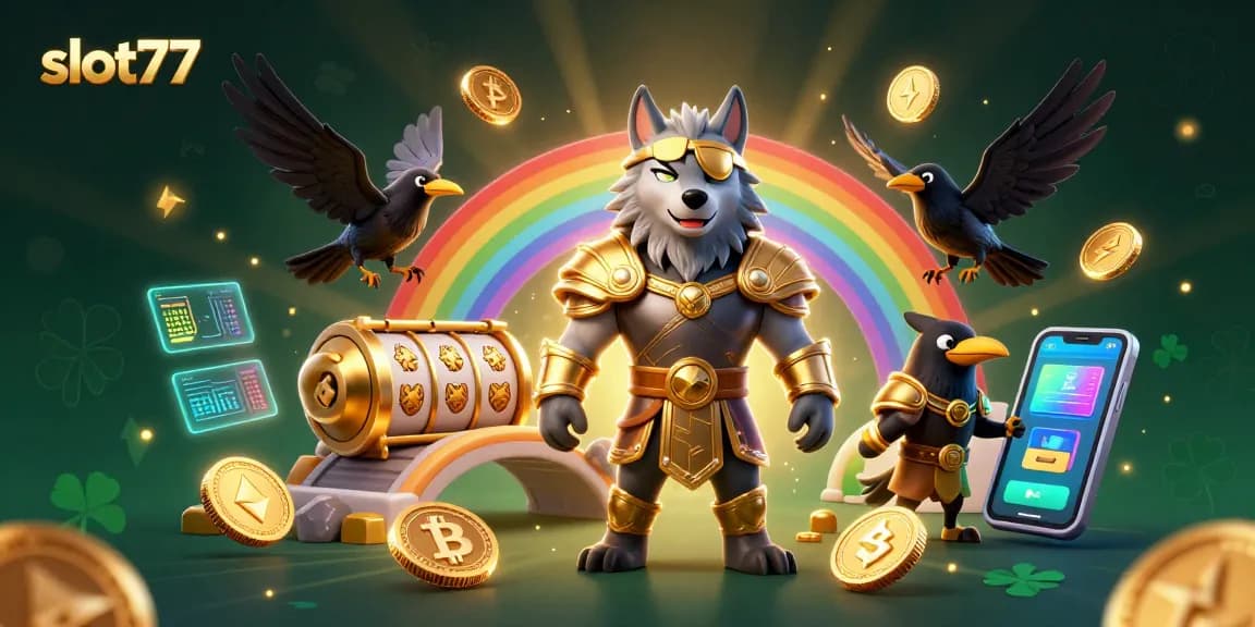 Spin to win with slot77 in this vibrant, energetic casino-themed 3D scene.